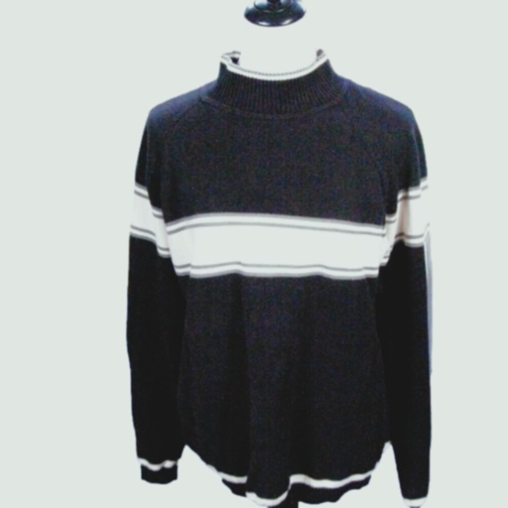 Gap Black/Cream Stripe 100% Cotton Mock Neck Sweater Size Large